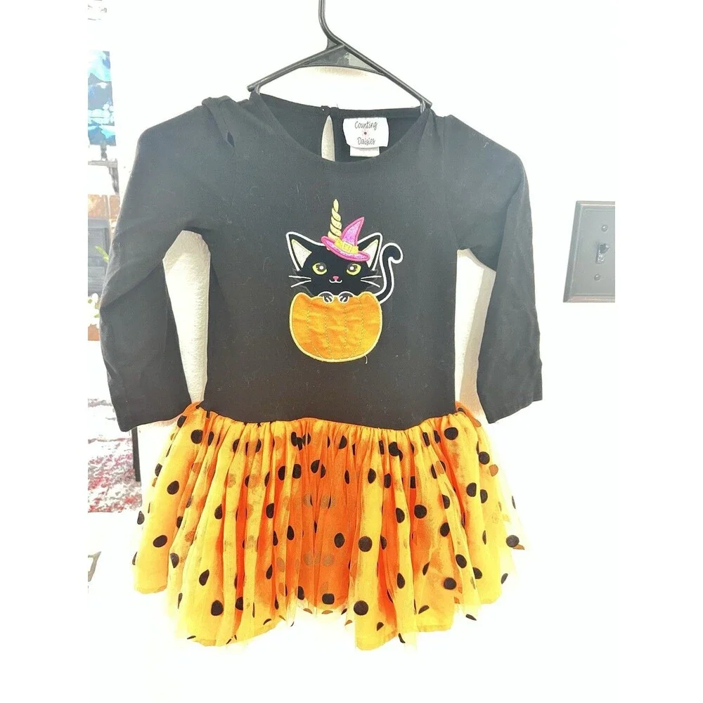 Girls Counting Daisies‎ Halloween Party Tutu Dress Black Cat Pumpkin Size 6